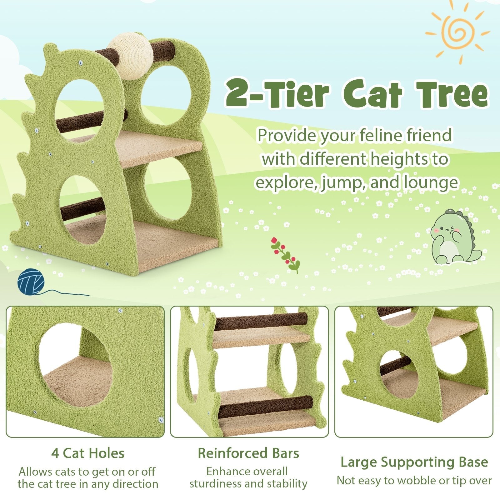 2-Tier Modern Cat Tree for Indoor Cats with Rotatable Sisal Scratching Ball, Green Cat Trees Condos & Scratchers   at Gallery Canada