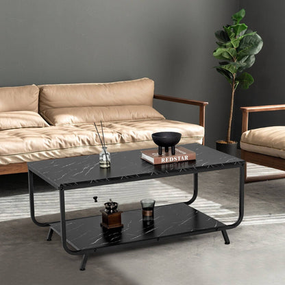 2-Tier Modern Marble Coffee Table with Storage Shelf for Living Room, Black Coffee Tables   at Gallery Canada