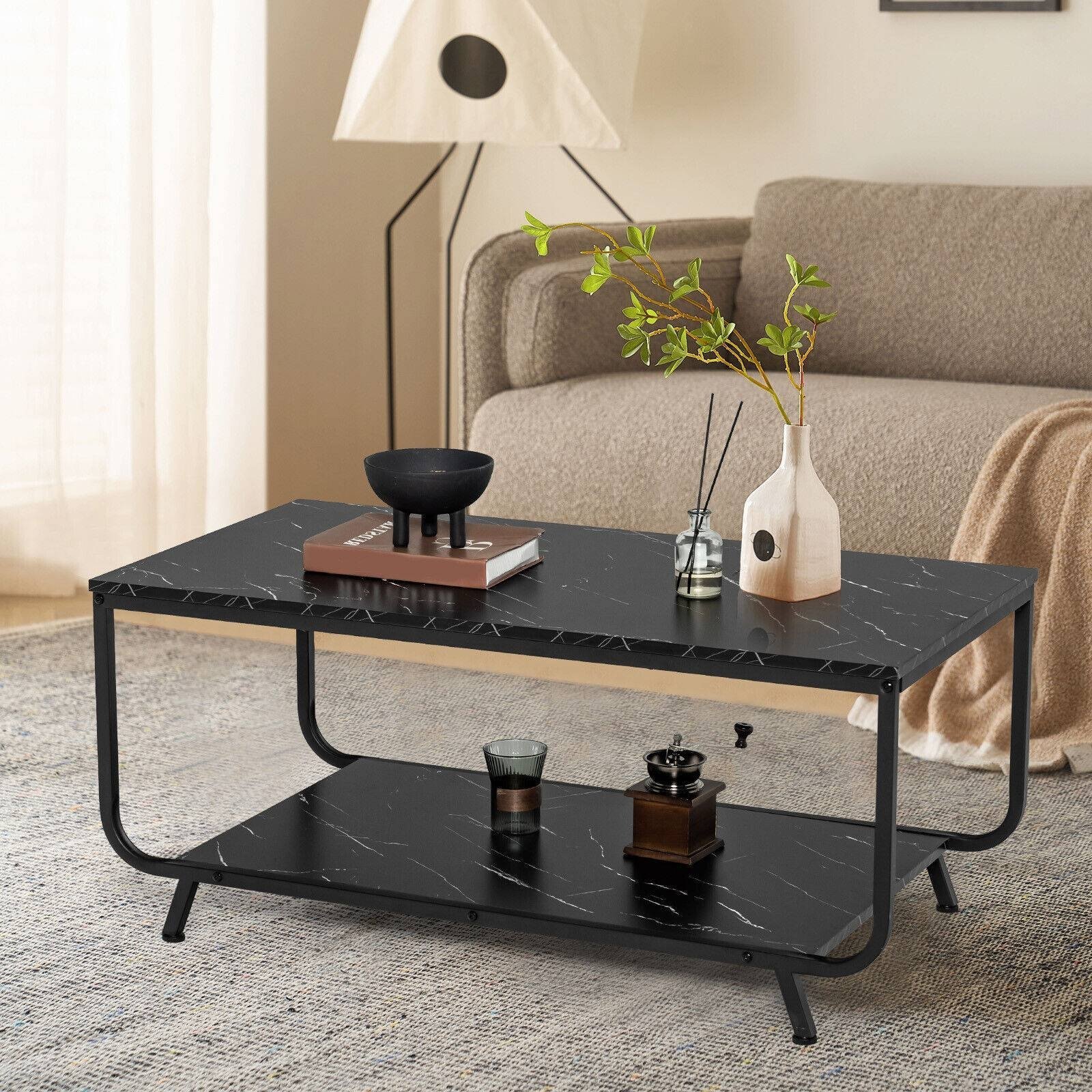 2-Tier Modern Marble Coffee Table with Storage Shelf for Living Room, Black Coffee Tables   at Gallery Canada