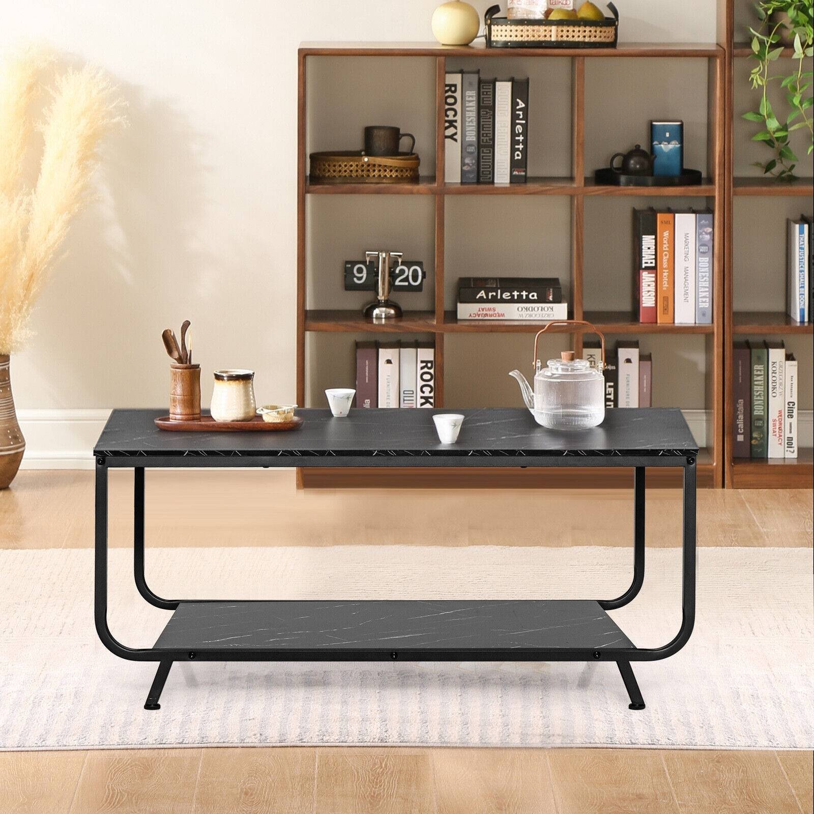 2-Tier Modern Marble Coffee Table with Storage Shelf for Living Room, Black Coffee Tables   at Gallery Canada