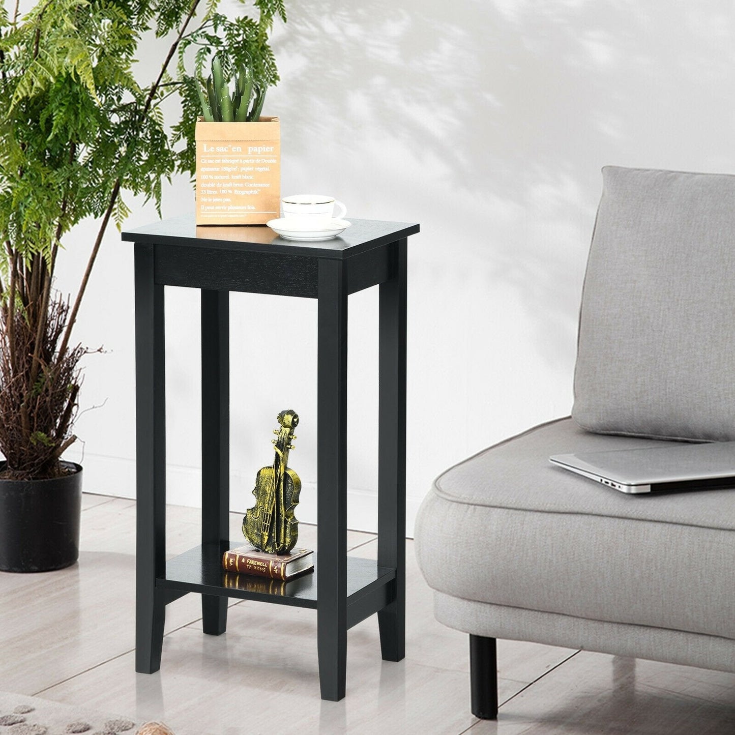 2-Tier Nightstand End Side Wooden Legs Table for Bedroom, Black Nightstands   at Gallery Canada