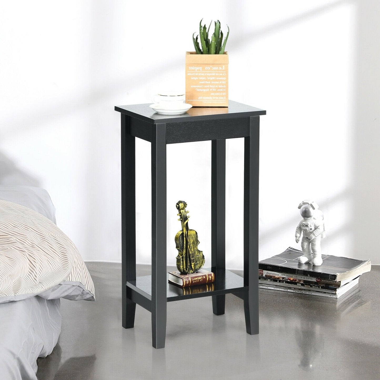 2-Tier Nightstand End Side Wooden Legs Table for Bedroom, Black Nightstands   at Gallery Canada