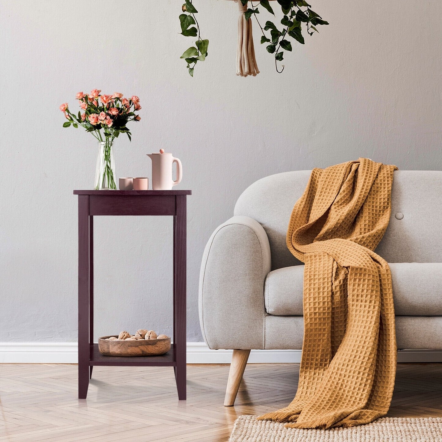 2-Tier Nightstand End Side Wooden Legs Table for Bedroom, Brown Nightstands   at Gallery Canada