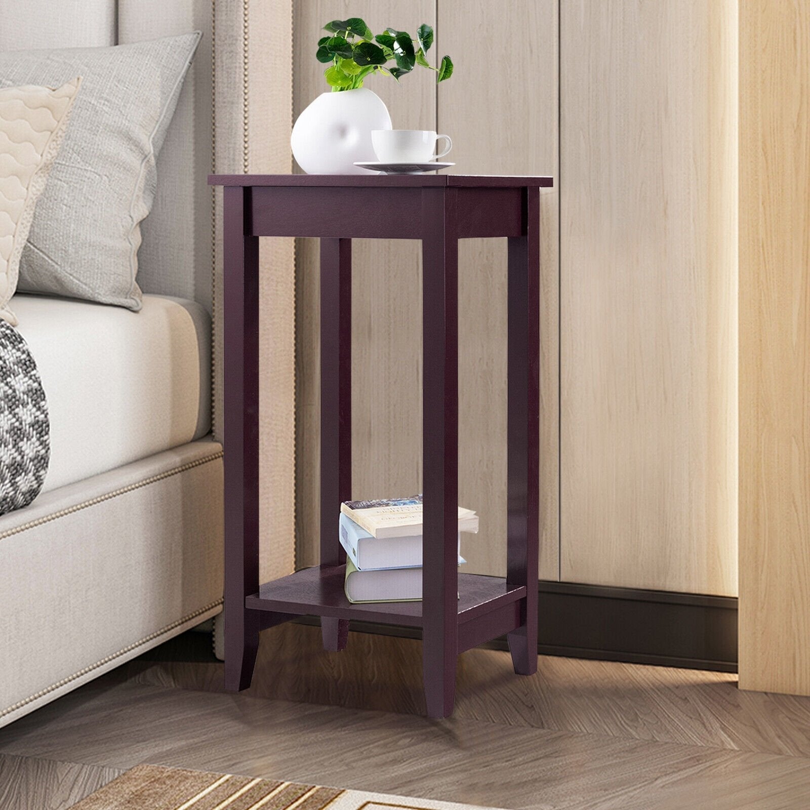 2-Tier Nightstand End Side Wooden Legs Table for Bedroom, Brown Nightstands   at Gallery Canada