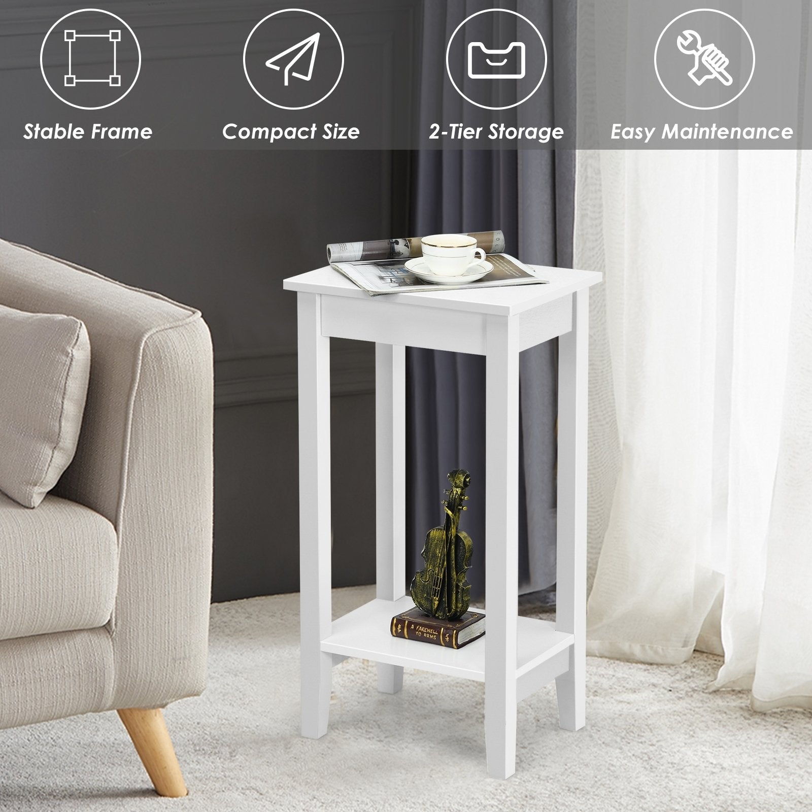 2-Tier Nightstand End Side Wooden Legs Table for Bedroom, White Nightstands   at Gallery Canada