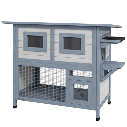 2 Tier Outdoor Cat House with Escape Door, Jump platform, for 1-2 Cats, Light Grey