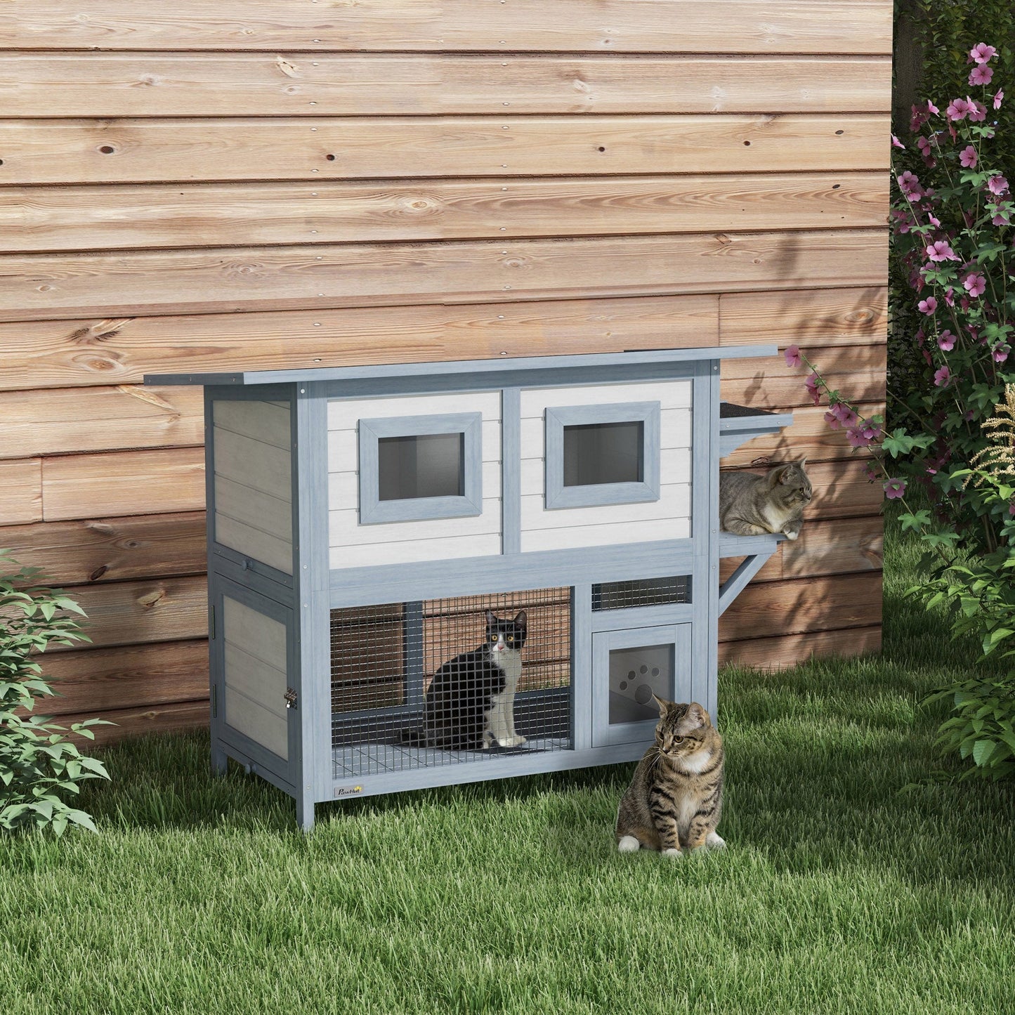 2 Tier Outdoor Cat House with Escape Door, Jump platform, for 1-2 Cats, Light Grey Cat Houses   at Gallery Canada