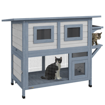 2 Tier Outdoor Cat House with Escape Door, Jump platform, for 1-2 Cats, Light Grey Cat Houses   at Gallery Canada