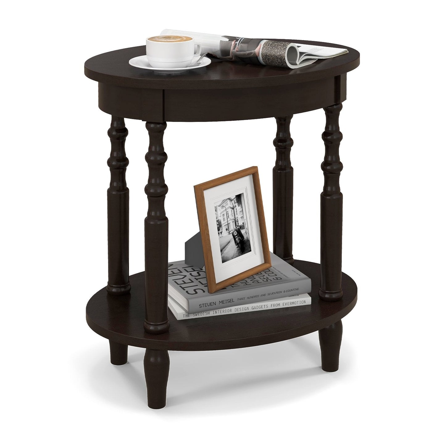 2-Tier Oval Side Table with Storage Shelf and Solid Wood Legs, Espresso End & Side Tables   at Gallery Canada