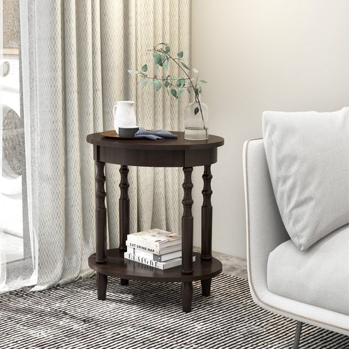 2-Tier Oval Side Table with Storage Shelf and Solid Wood Legs, Espresso