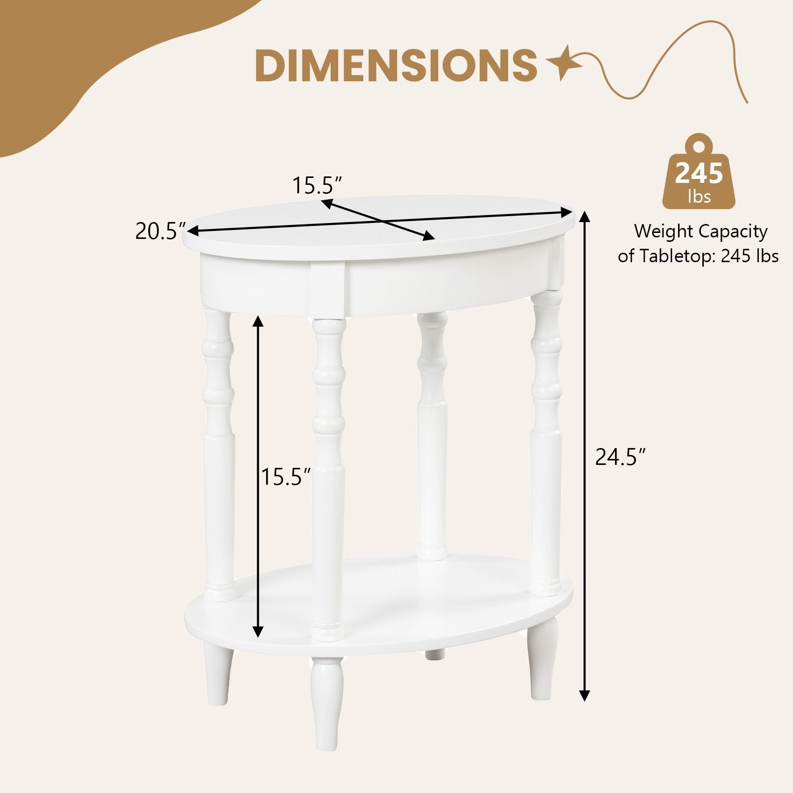 2-Tier Oval Side Table with Storage Shelf and Solid Wood Legs, White End & Side Tables   at Gallery Canada