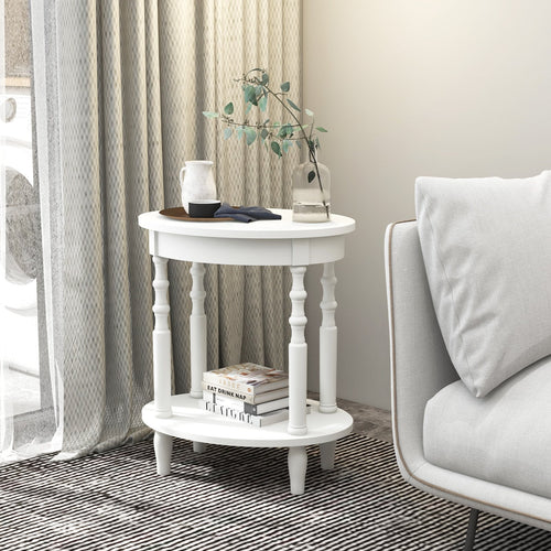 2-Tier Oval Side Table with Storage Shelf and Solid Wood Legs, White