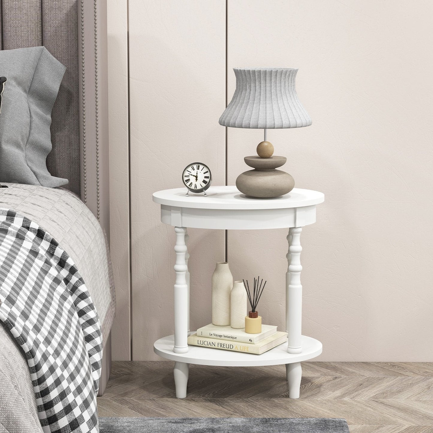 2-Tier Oval Side Table with Storage Shelf and Solid Wood Legs, White End & Side Tables   at Gallery Canada