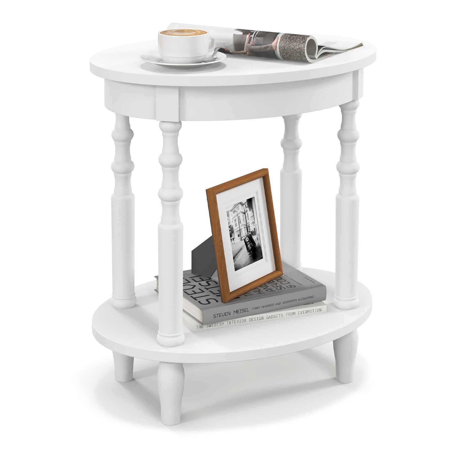 2-Tier Oval Side Table with Storage Shelf and Solid Wood Legs, White End & Side Tables   at Gallery Canada