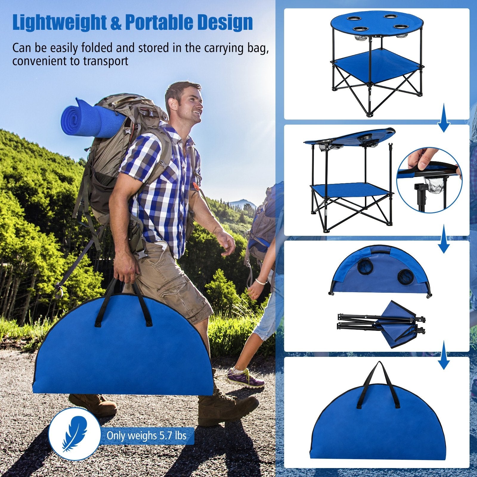 2-Tier Portable Picnic Table with Carrying Bag and 4 Cup Holders, Blue Camping Furniture   at Gallery Canada