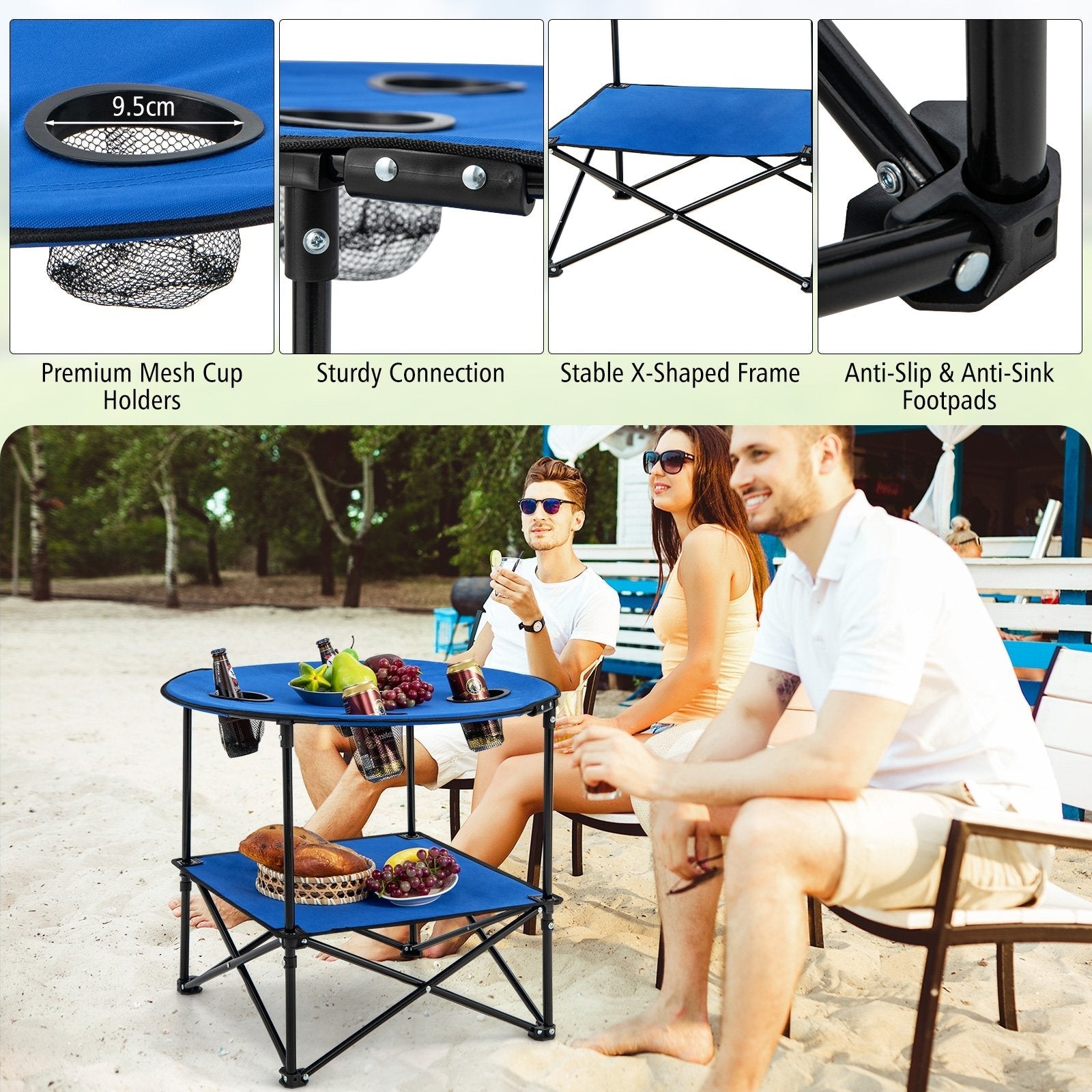 2-Tier Portable Picnic Table with Carrying Bag and 4 Cup Holders, Blue Camping Furniture   at Gallery Canada