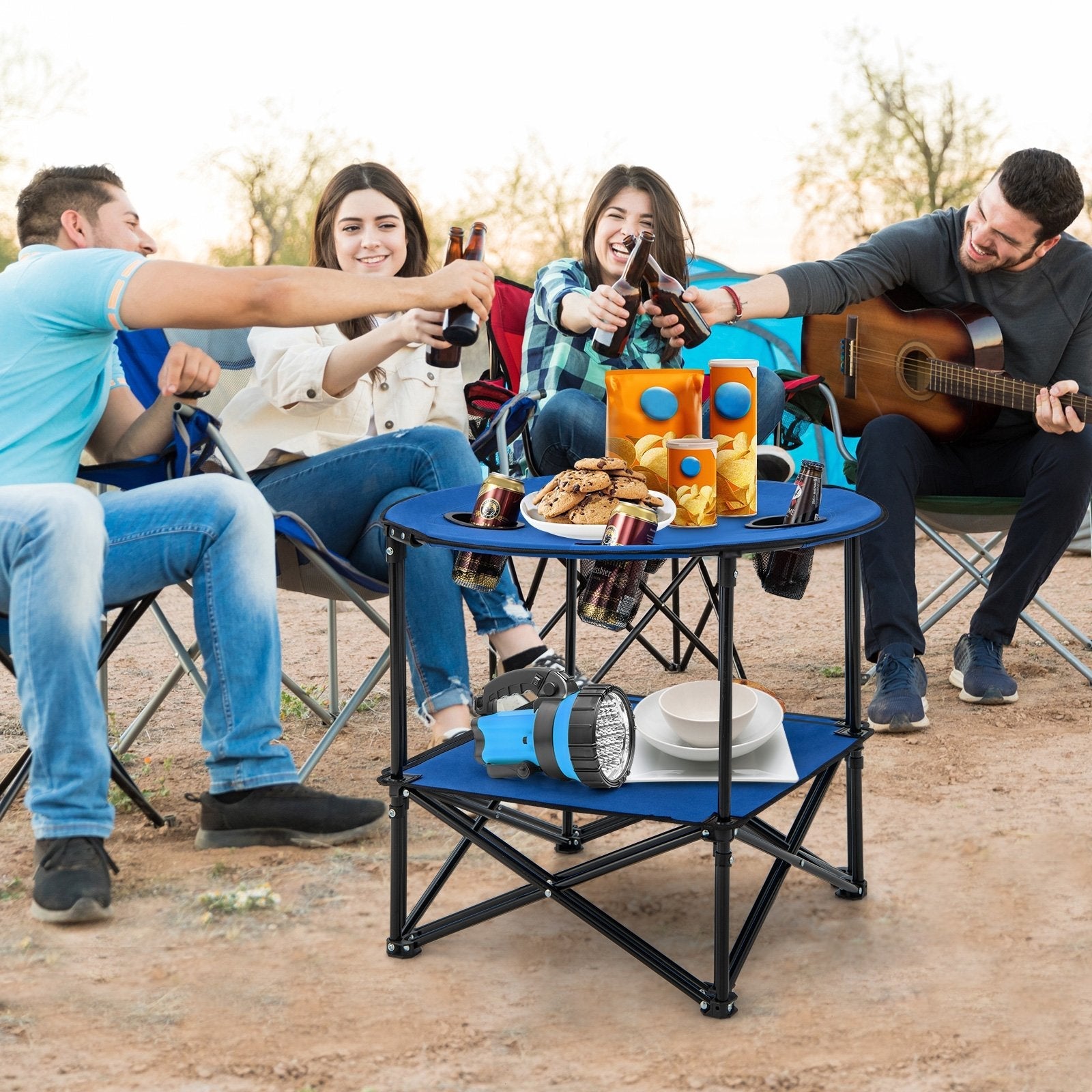 2-Tier Portable Picnic Table with Carrying Bag and 4 Cup Holders, Blue Camping Furniture   at Gallery Canada