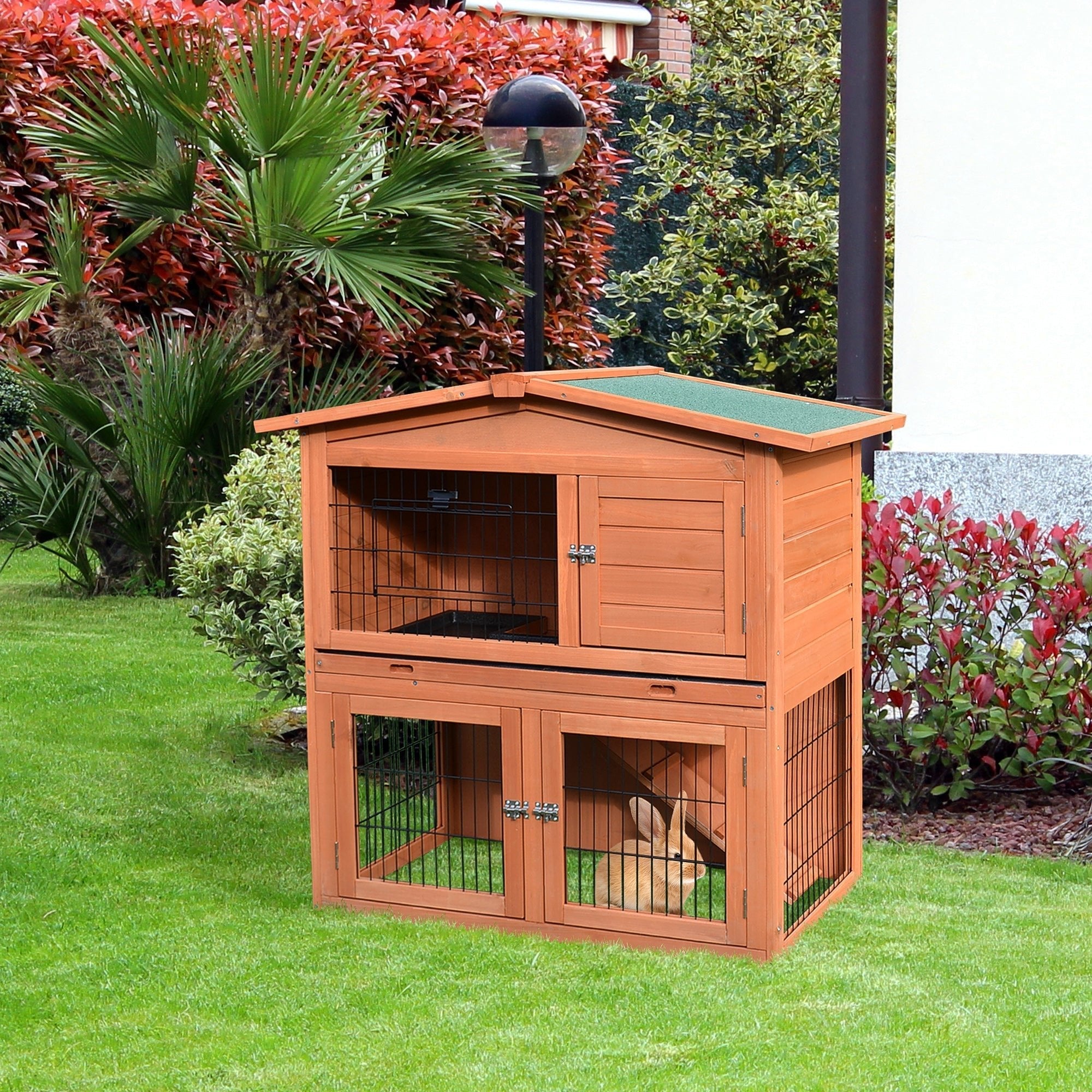 2 Tier Rabbit Hutch Guinea Pig Hutch Ferret Cage with Ramp Slide Out Tray for Indoor Outdoor 39.6