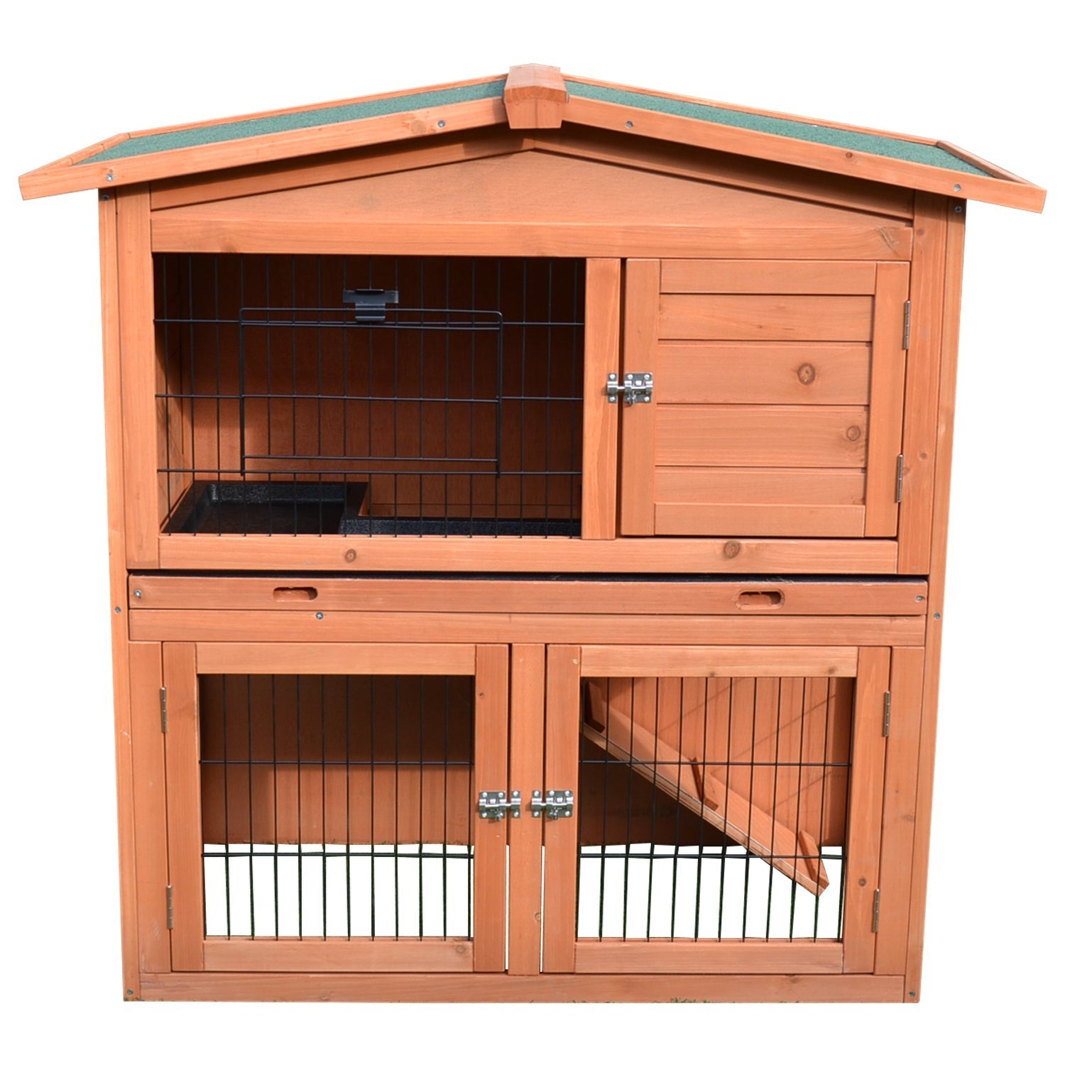 2 Tier Rabbit Hutch Guinea Pig Hutch Ferret Cage with Ramp Slide Out Tray for Indoor Outdoor 39.6