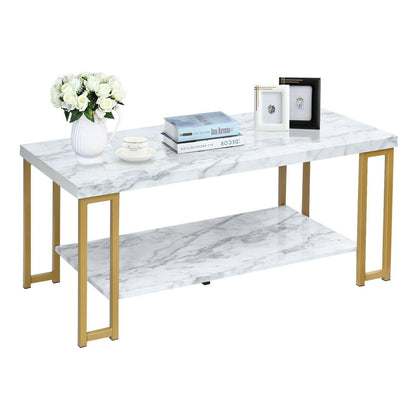 2-Tier Rectangular Modern Coffee Table with Gold Print Metal Frame, White Coffee Tables   at Gallery Canada