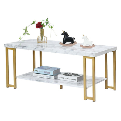 2-Tier Rectangular Modern Coffee Table with Gold Print Metal Frame, White Coffee Tables   at Gallery Canada