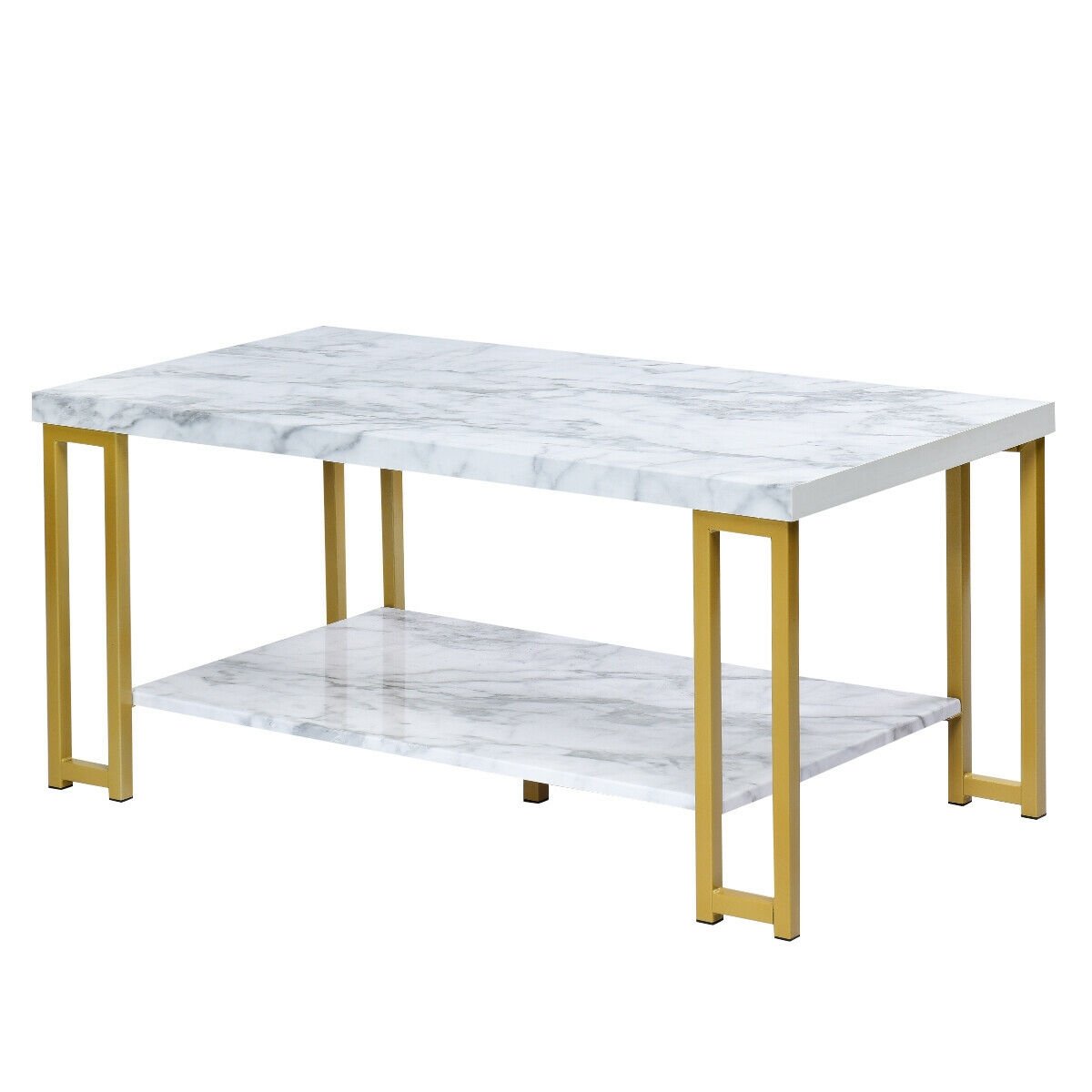 2-Tier Rectangular Modern Coffee Table with Gold Print Metal Frame, White Coffee Tables   at Gallery Canada