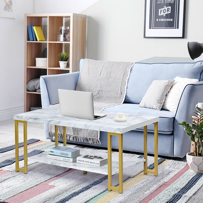 2-Tier Rectangular Modern Coffee Table with Gold Print Metal Frame, White Coffee Tables   at Gallery Canada