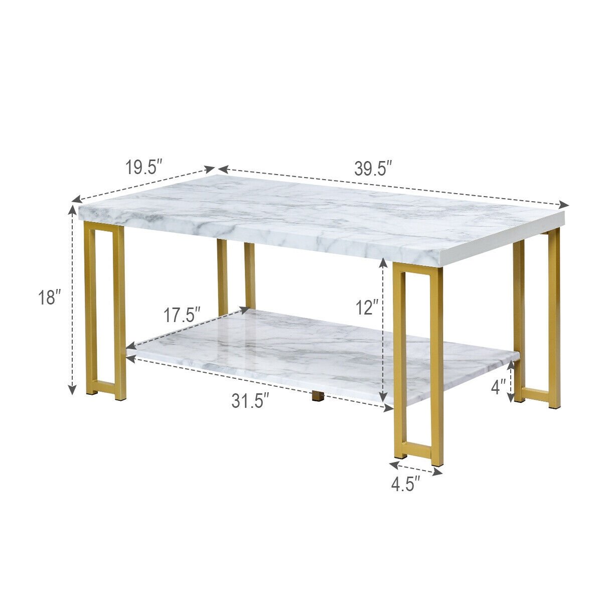 2-Tier Rectangular Modern Coffee Table with Gold Print Metal Frame, White Coffee Tables   at Gallery Canada