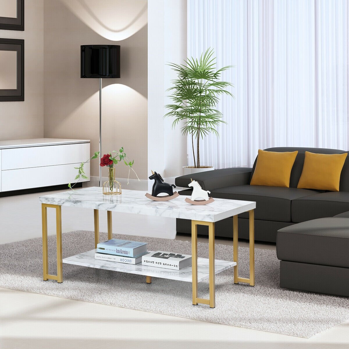 2-Tier Rectangular Modern Coffee Table with Gold Print Metal Frame, White Coffee Tables   at Gallery Canada