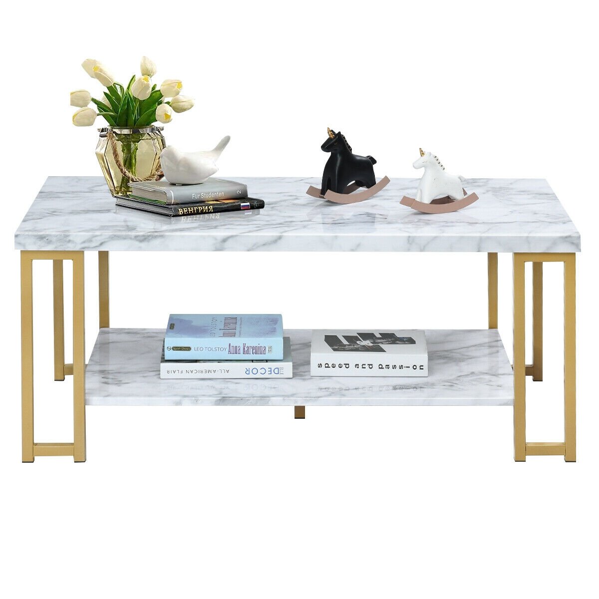 2-Tier Rectangular Modern Coffee Table with Gold Print Metal Frame, White Coffee Tables   at Gallery Canada