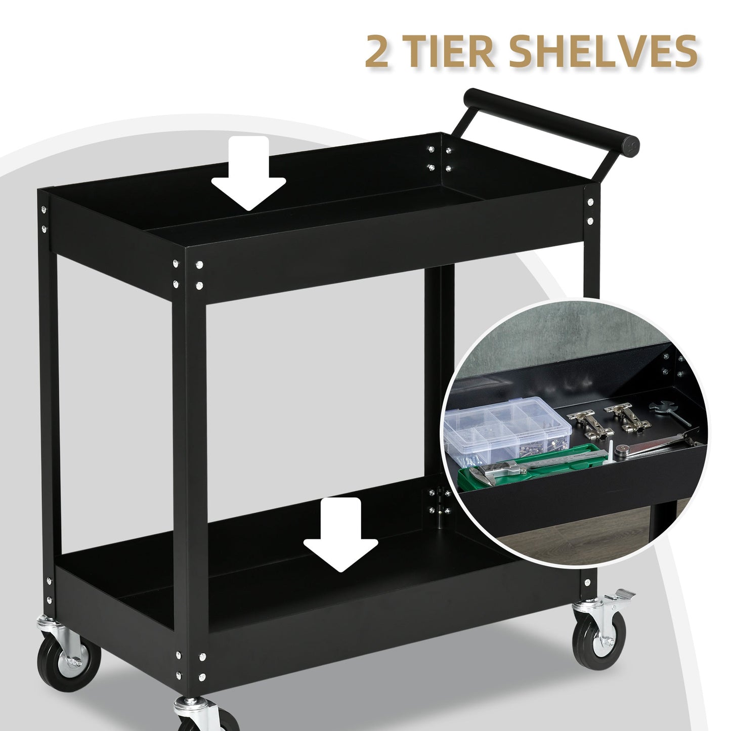 2 Tier Rolling Tool Cart with Wheels, Steel Mobile Service Utility Cart for Garage, Mechanics and Warehouse, 330lbs Capacity, Black Tool Organizers   at Gallery Canada