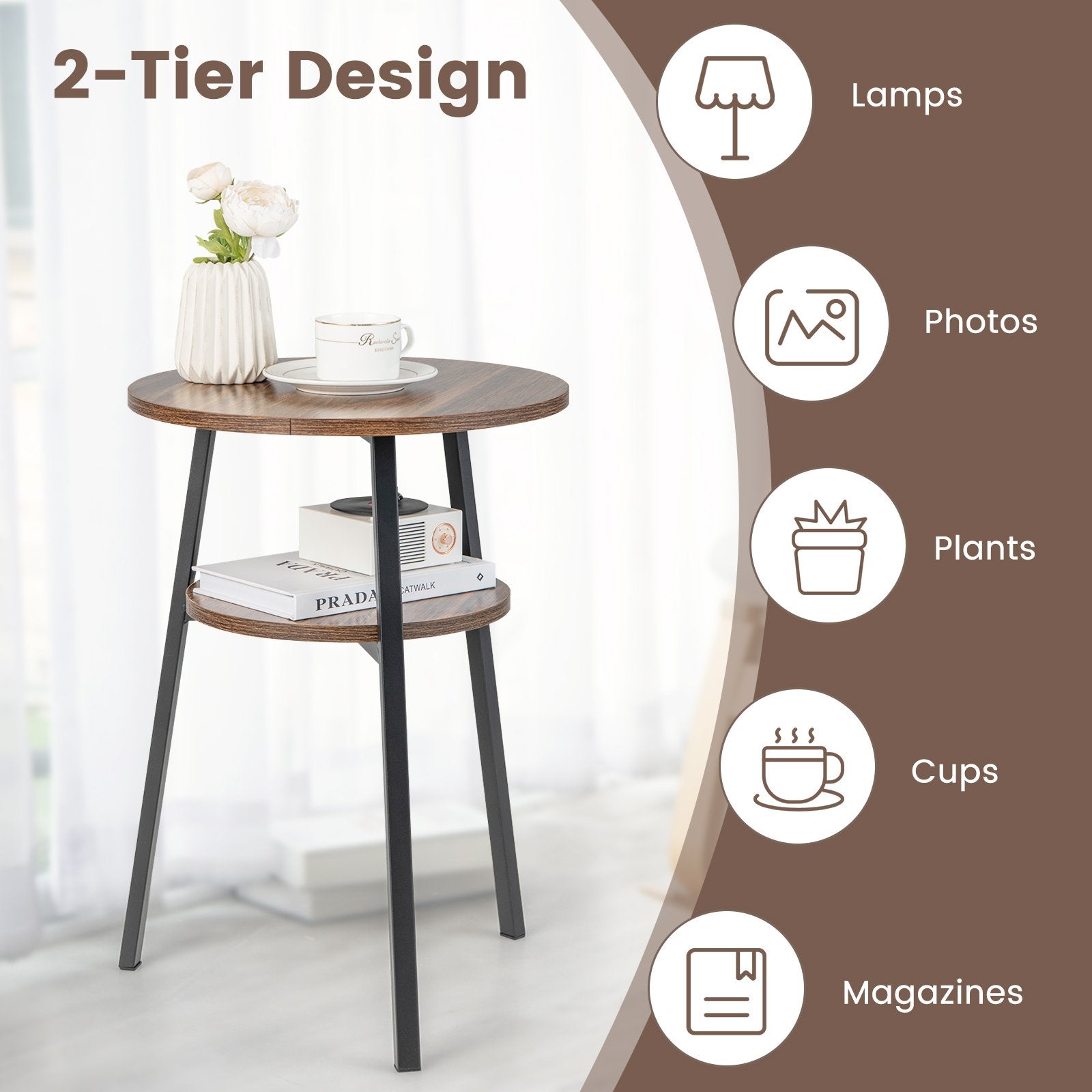 2-Tier Round End Table with Open Shelf and Triangular Metal Frame, Brown End & Side Tables   at Gallery Canada