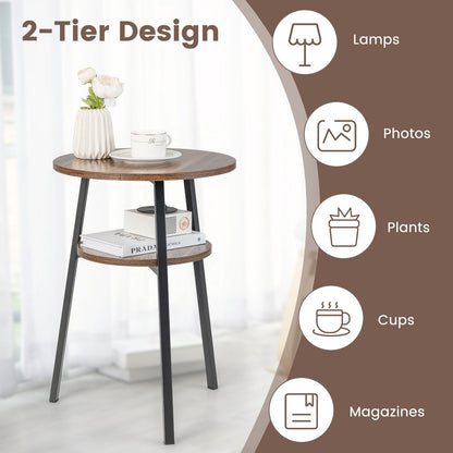 2-Tier Round End Table with Open Shelf and Triangular Metal Frame, Brown End & Side Tables   at Gallery Canada