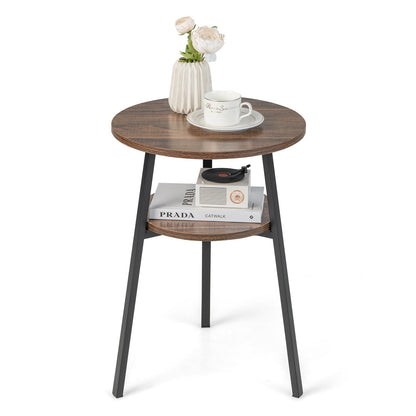 2-Tier Round End Table with Open Shelf and Triangular Metal Frame, Brown End & Side Tables   at Gallery Canada