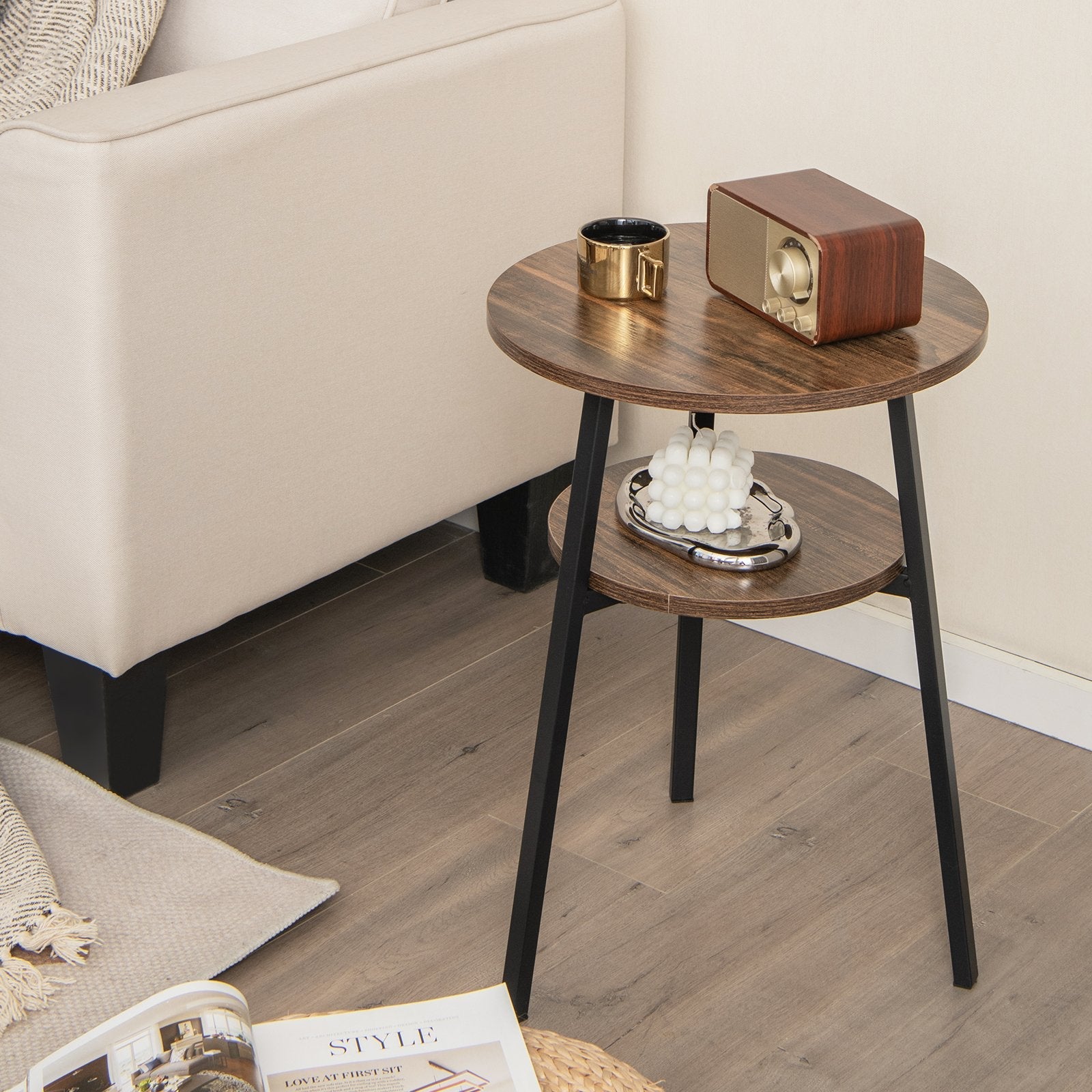 2-Tier Round End Table with Open Shelf and Triangular Metal Frame, Brown End & Side Tables   at Gallery Canada