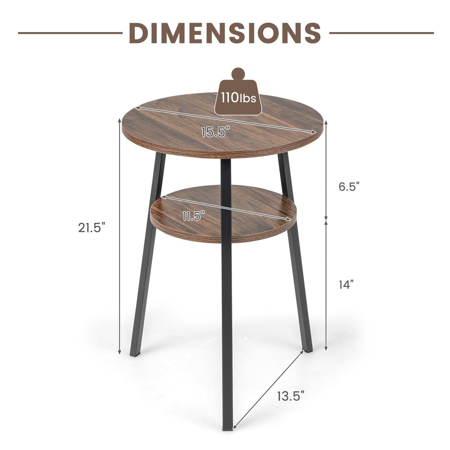 2-Tier Round End Table with Open Shelf and Triangular Metal Frame, Brown End & Side Tables   at Gallery Canada