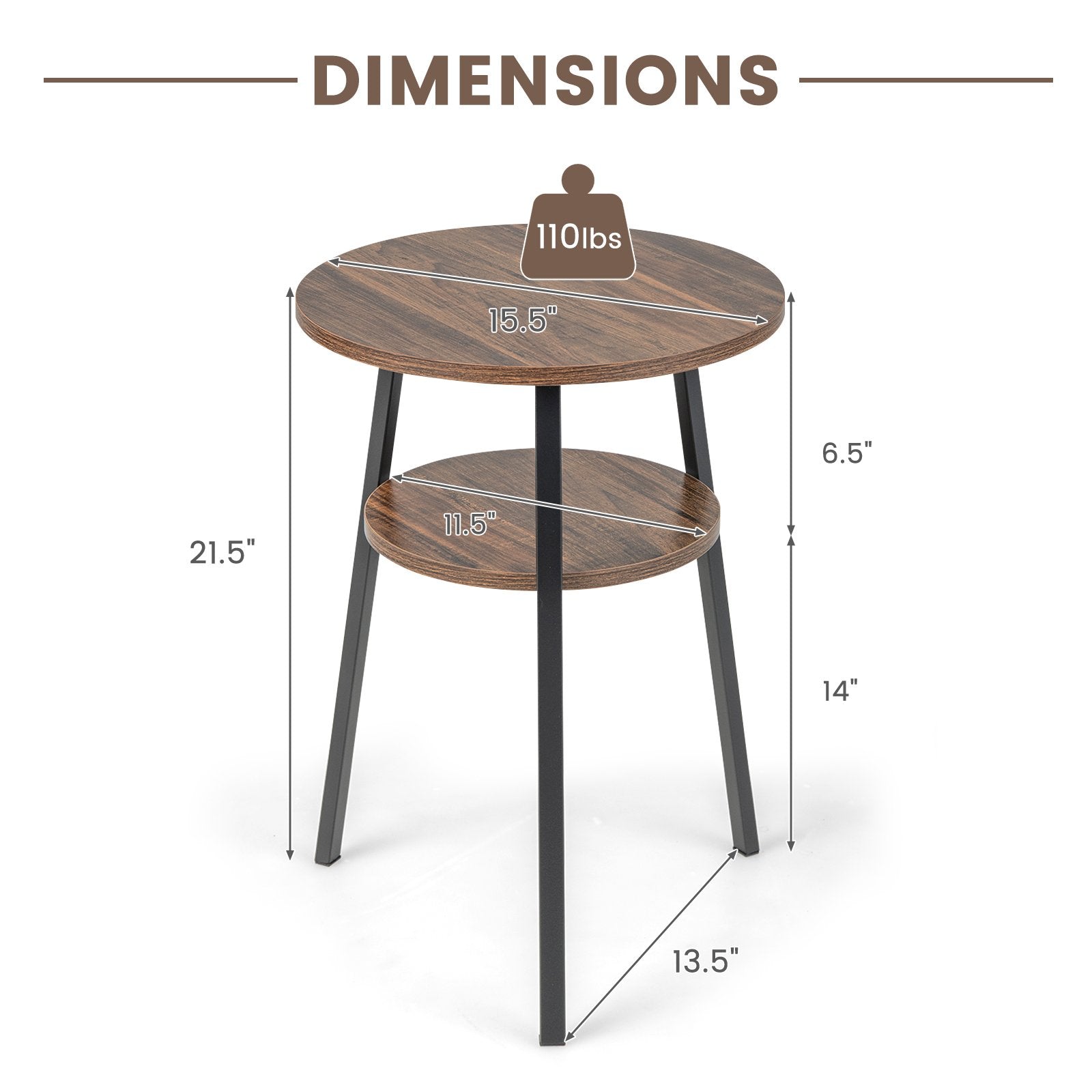 2-Tier Round End Table with Open Shelf and Triangular Metal Frame, Brown End & Side Tables   at Gallery Canada