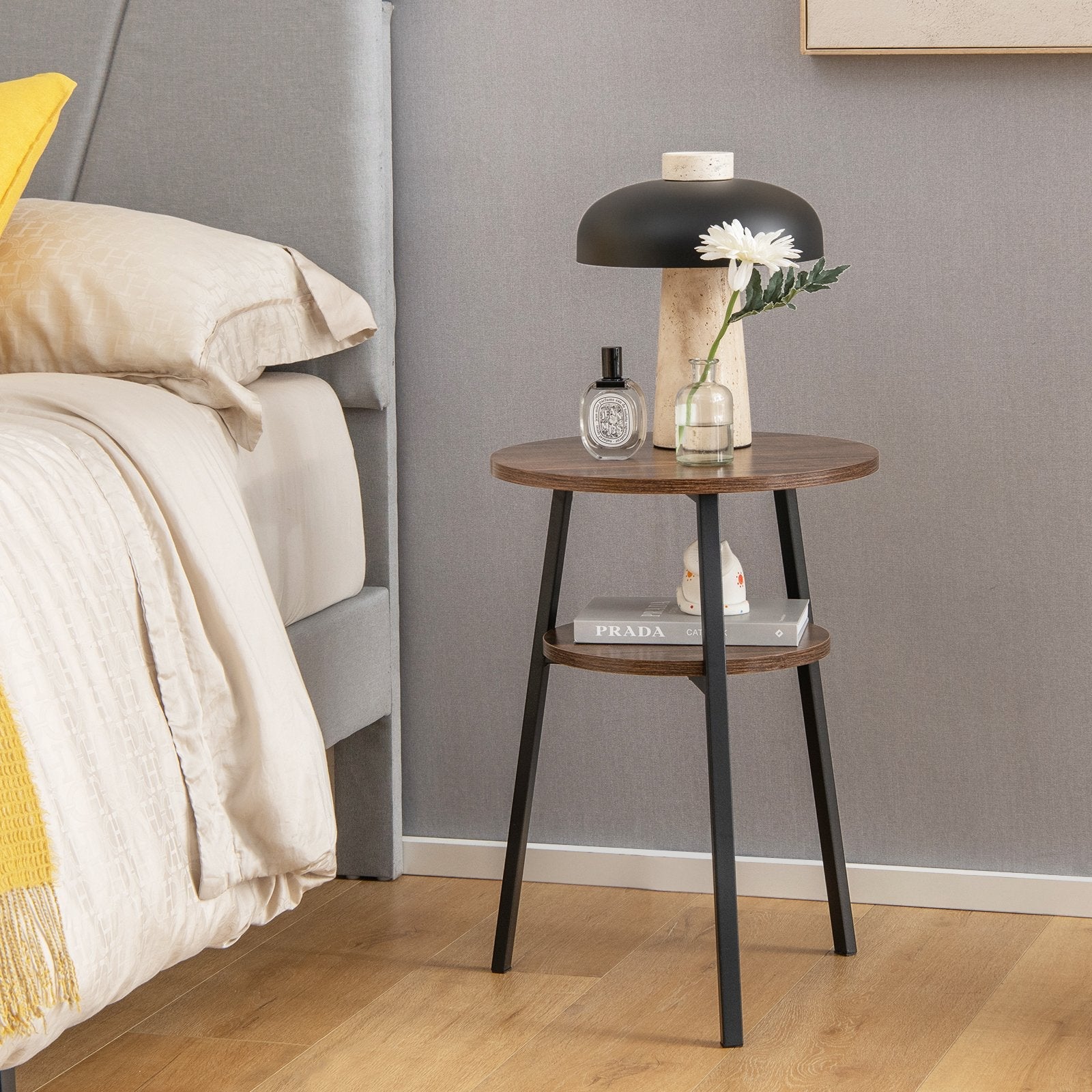 2-Tier Round End Table with Open Shelf and Triangular Metal Frame, Brown End & Side Tables   at Gallery Canada