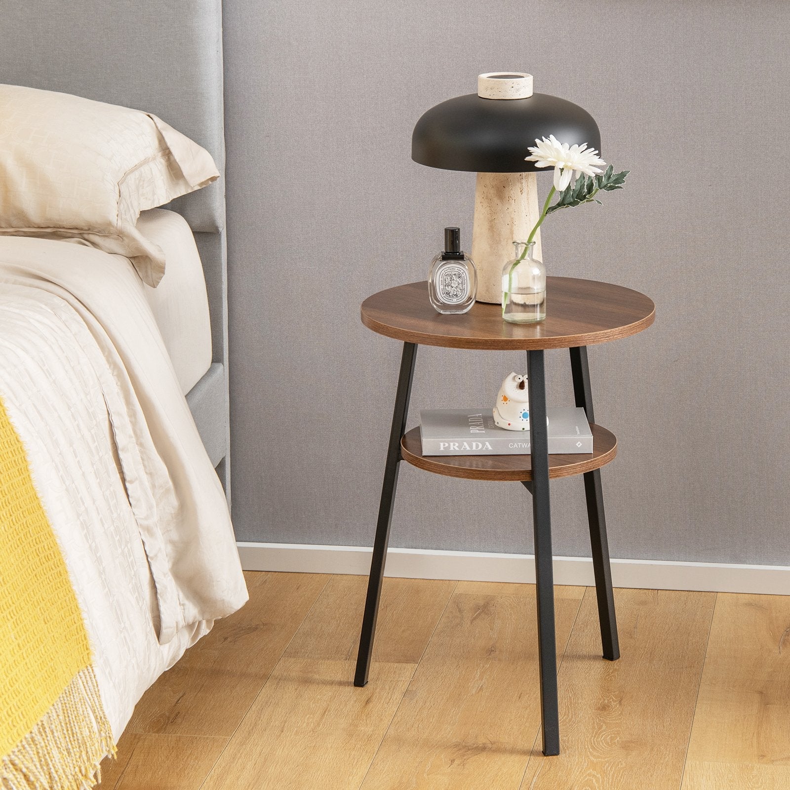 2-Tier Round End Table with Open Shelf and Triangular Metal Frame, Walnut End & Side Tables   at Gallery Canada