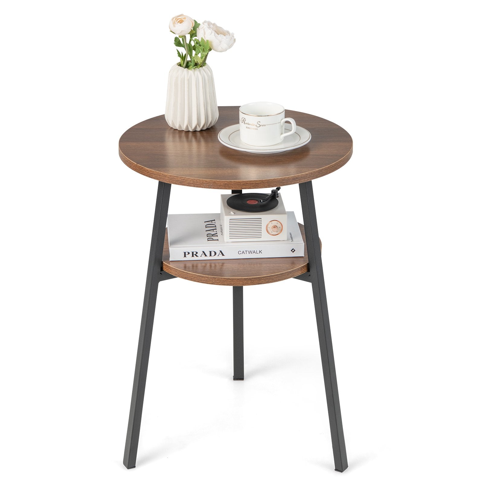 2-Tier Round End Table with Open Shelf and Triangular Metal Frame, Walnut End & Side Tables Walnut  at Gallery Canada