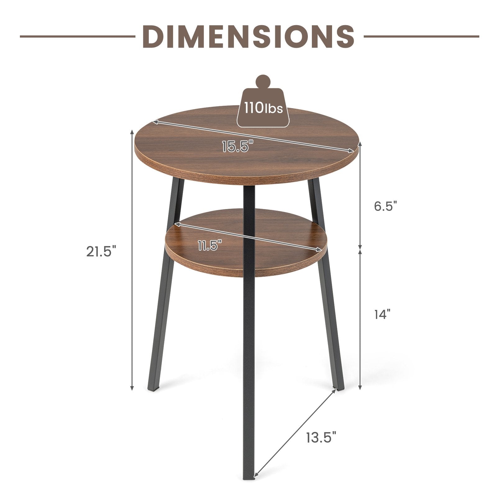 2-Tier Round End Table with Open Shelf and Triangular Metal Frame, Walnut End & Side Tables   at Gallery Canada