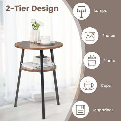 2-Tier Round End Table with Open Shelf and Triangular Metal Frame, Walnut End & Side Tables   at Gallery Canada