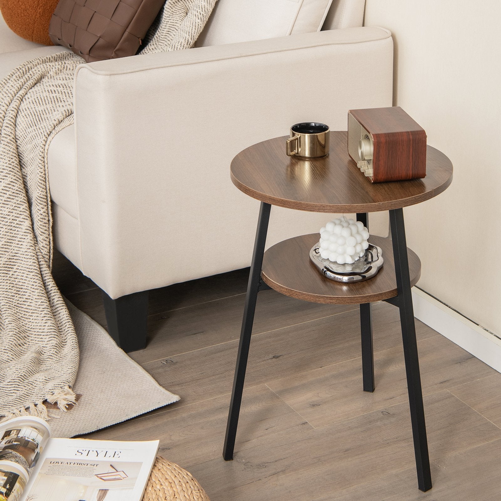 2-Tier Round End Table with Open Shelf and Triangular Metal Frame, Walnut End & Side Tables   at Gallery Canada