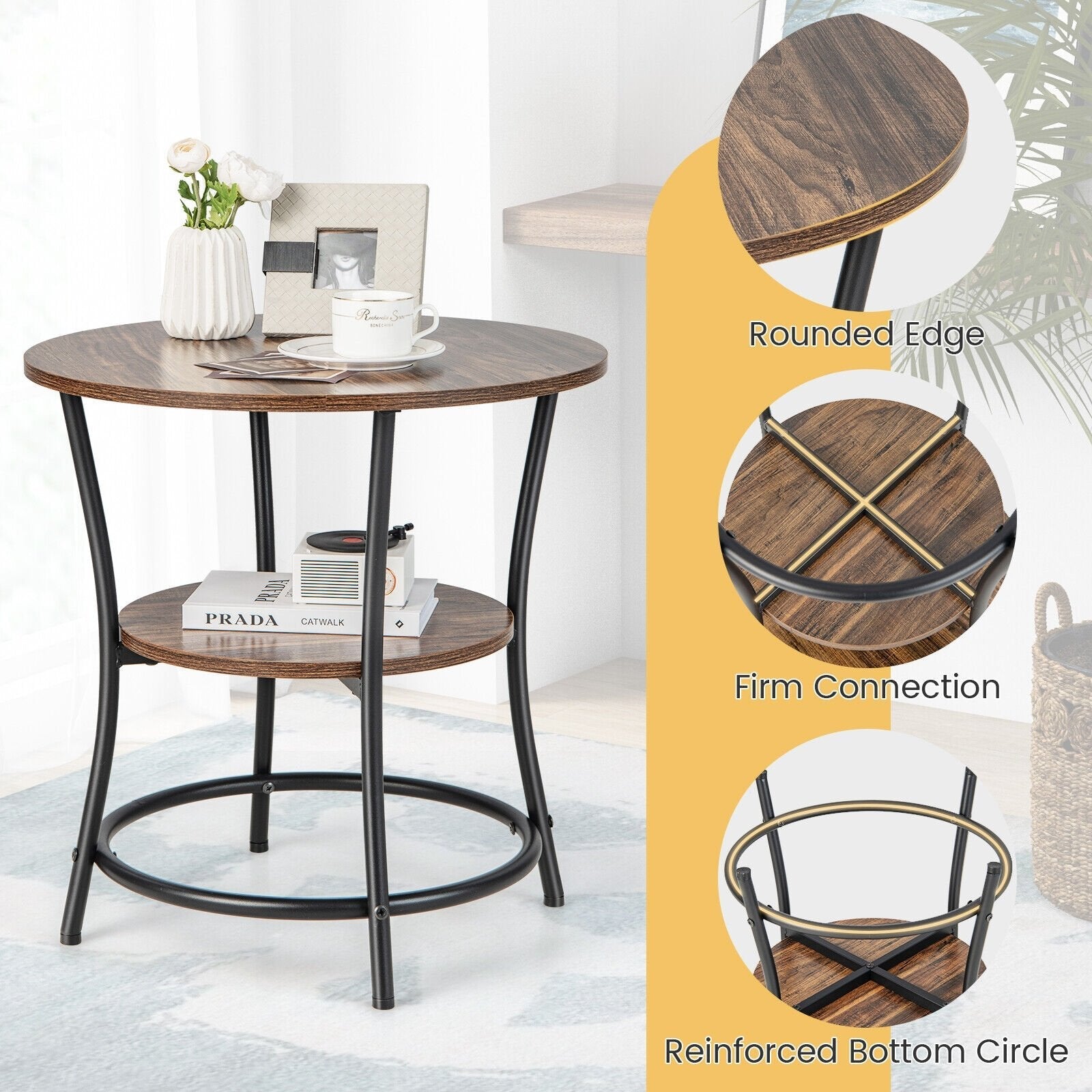 2-Tier Round End Table with Open Storage Shelf and Sturdy Metal Frame, Brown End & Side Tables   at Gallery Canada