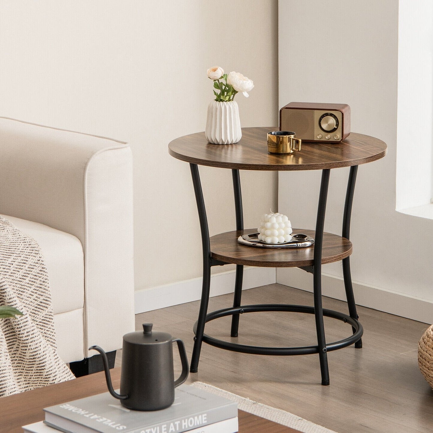 2-Tier Round End Table with Open Storage Shelf and Sturdy Metal Frame, Brown End & Side Tables   at Gallery Canada