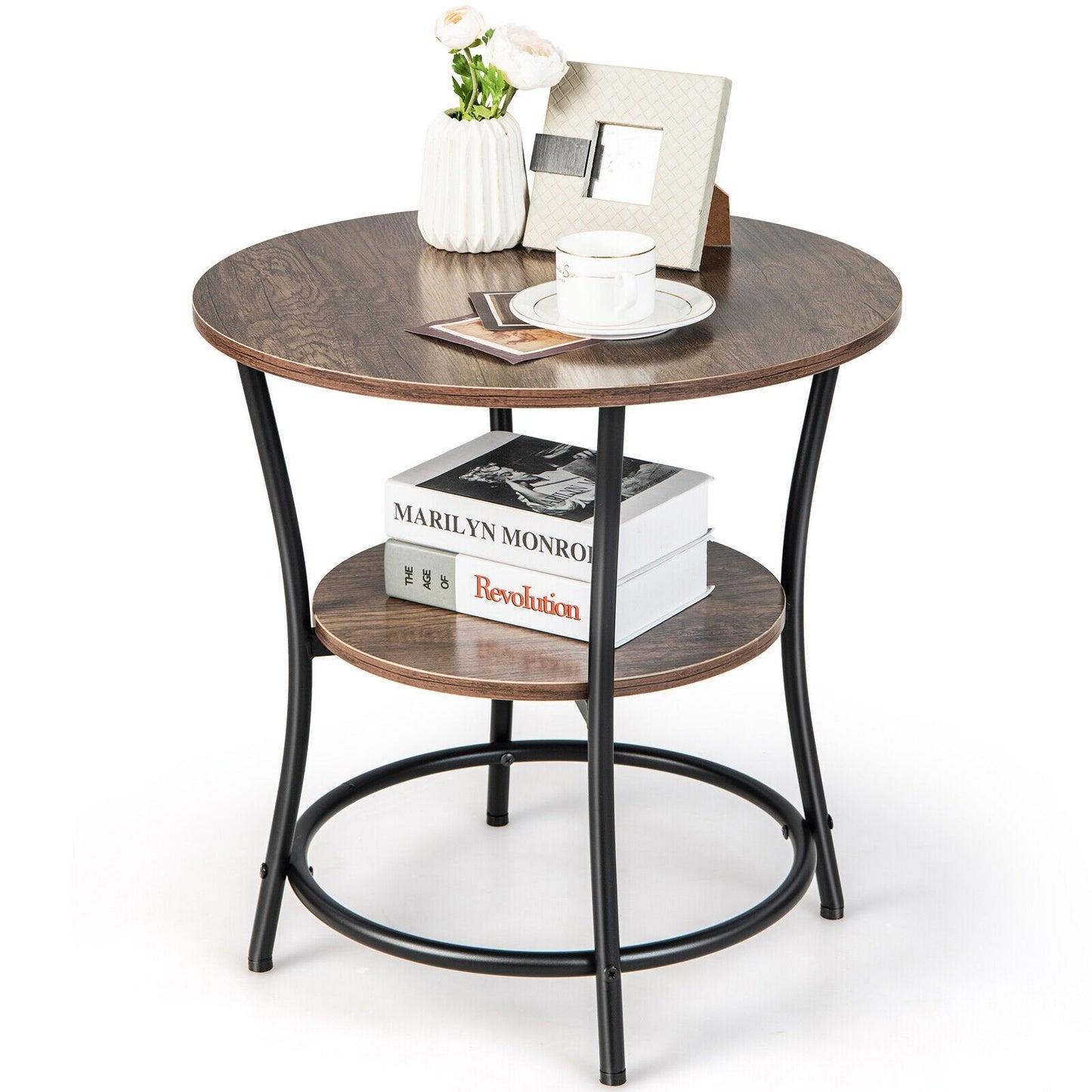 2-Tier Round End Table with Open Storage Shelf and Sturdy Metal Frame, Natural End & Side Tables   at Gallery Canada