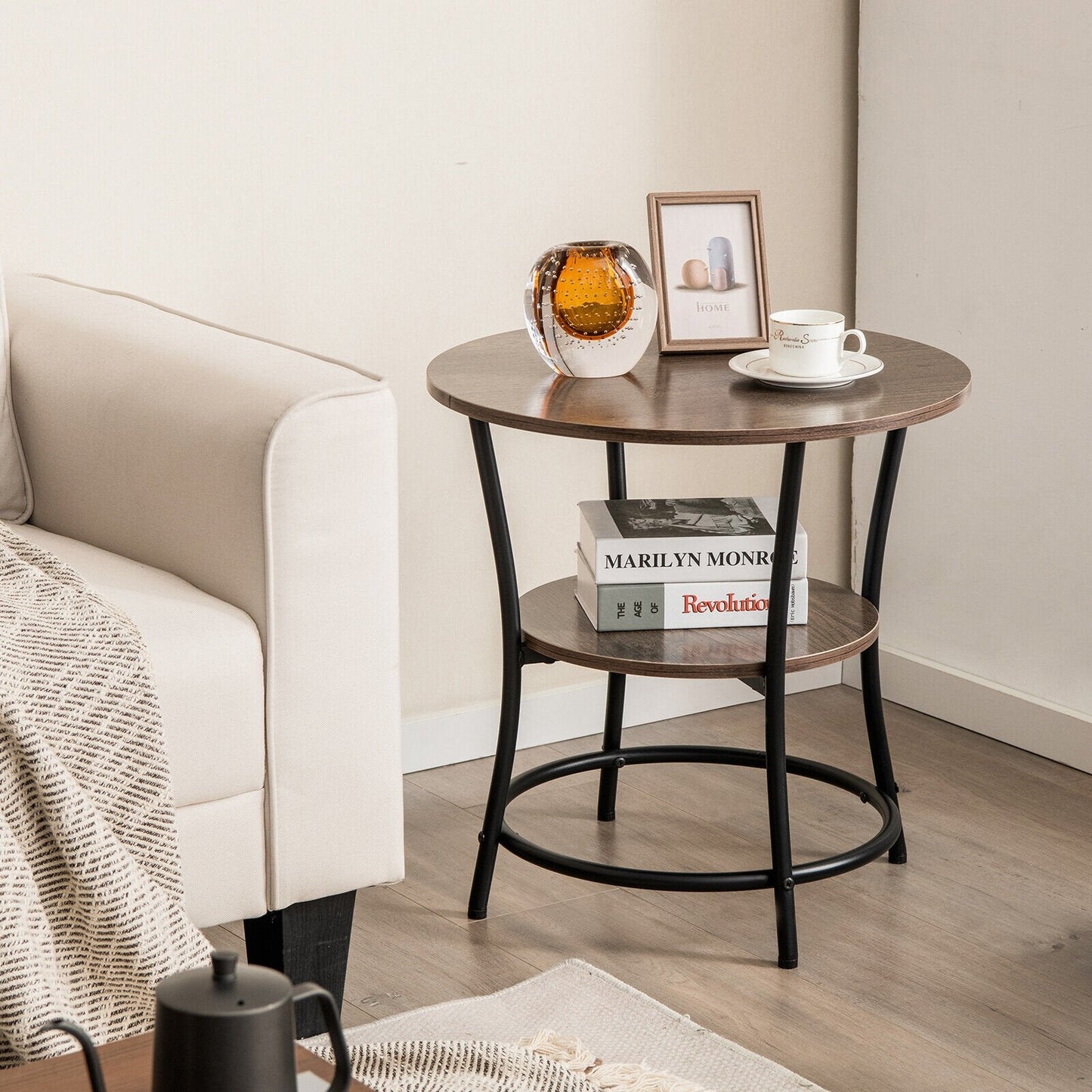 2-Tier Round End Table with Open Storage Shelf and Sturdy Metal Frame, Natural End & Side Tables   at Gallery Canada