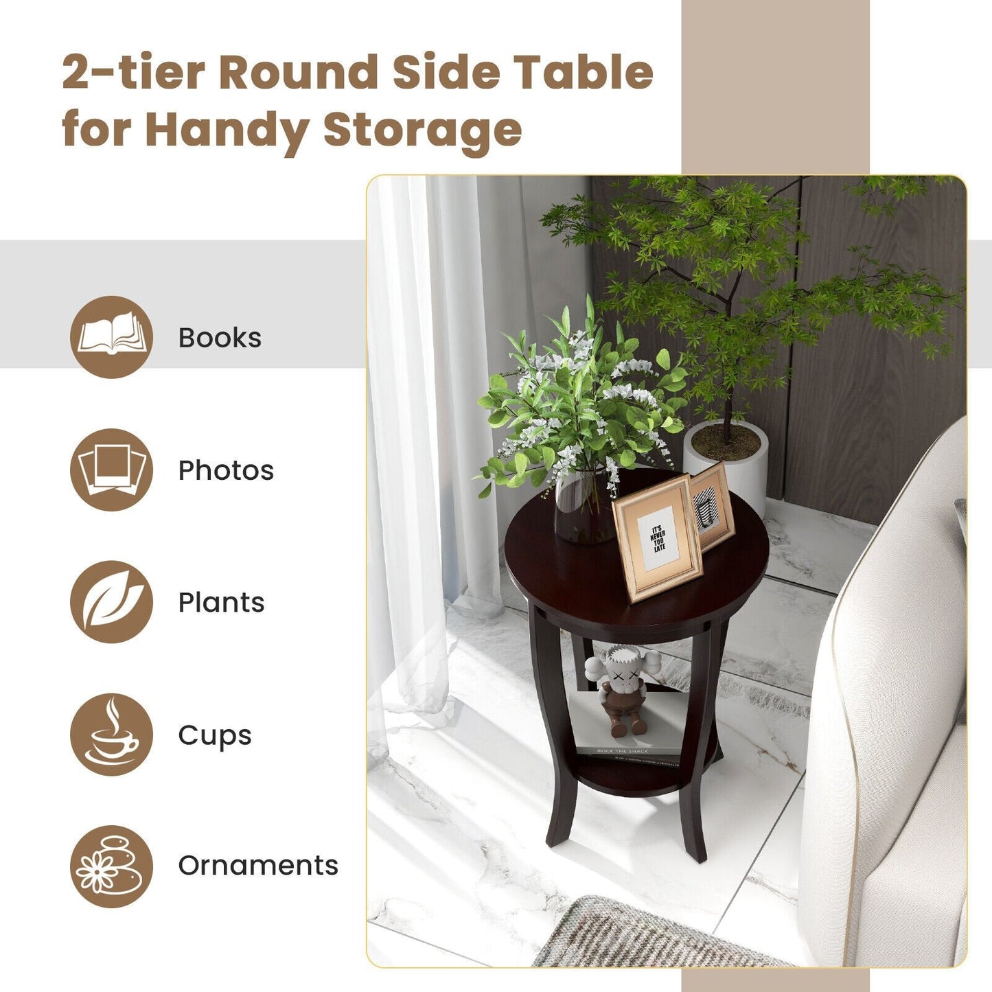 2-tier Round End Table with Solid Wood Legs, Espresso End & Side Tables   at Gallery Canada