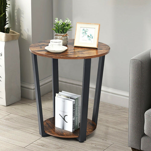 2-Tier Round End Table with Storage Shelf and Metal Frame, Brown