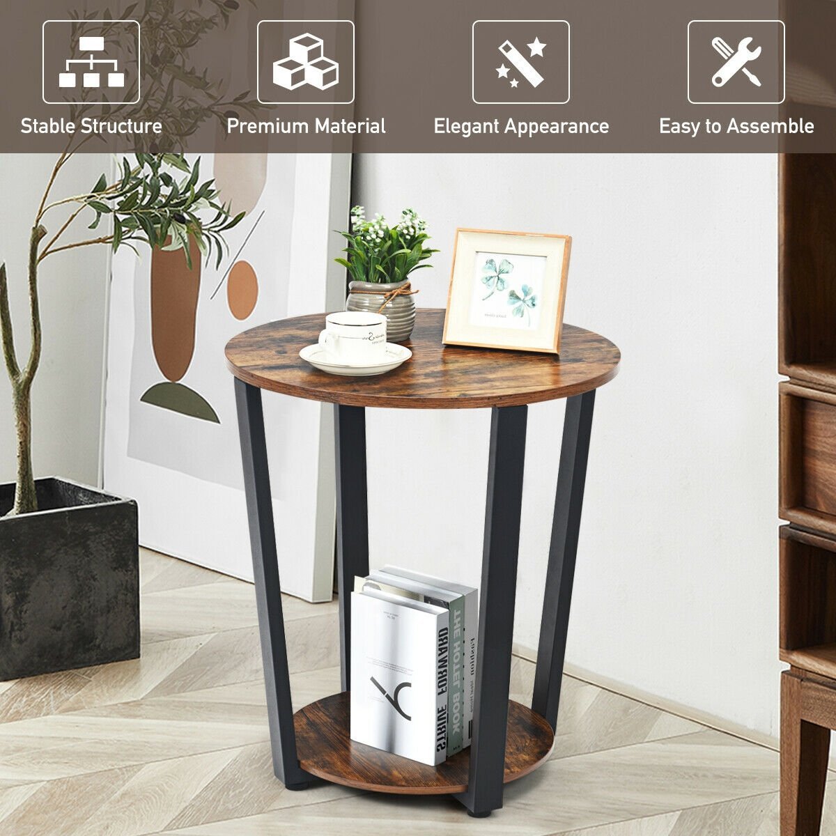 2-Tier Round End Table with Storage Shelf and Metal Frame, Brown End & Side Tables   at Gallery Canada